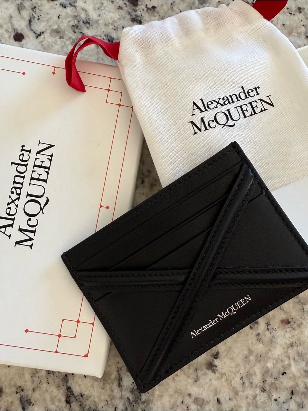 Alexander McQueen Black Leather Diagonal-Stitch Card Holder
